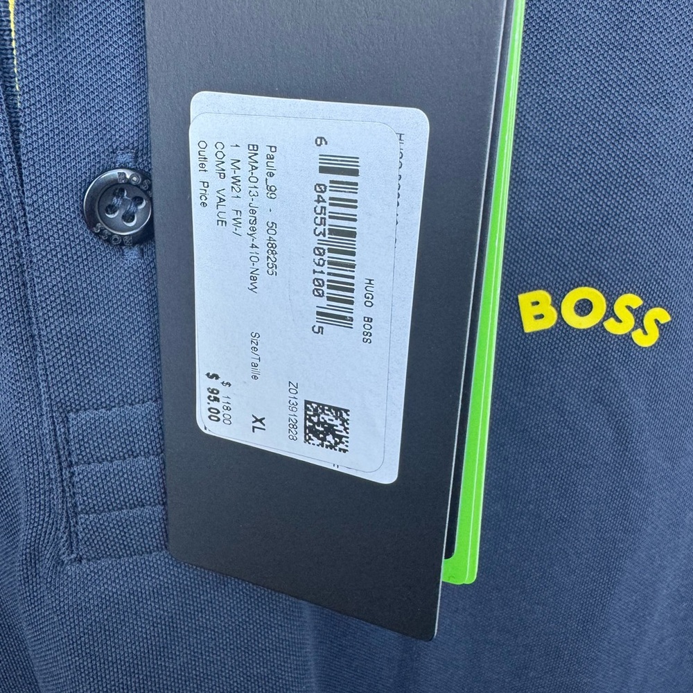 Boss Men's Navy Polo Shirt with Yellow and White Details Size X-Large - Picture 2 of 5